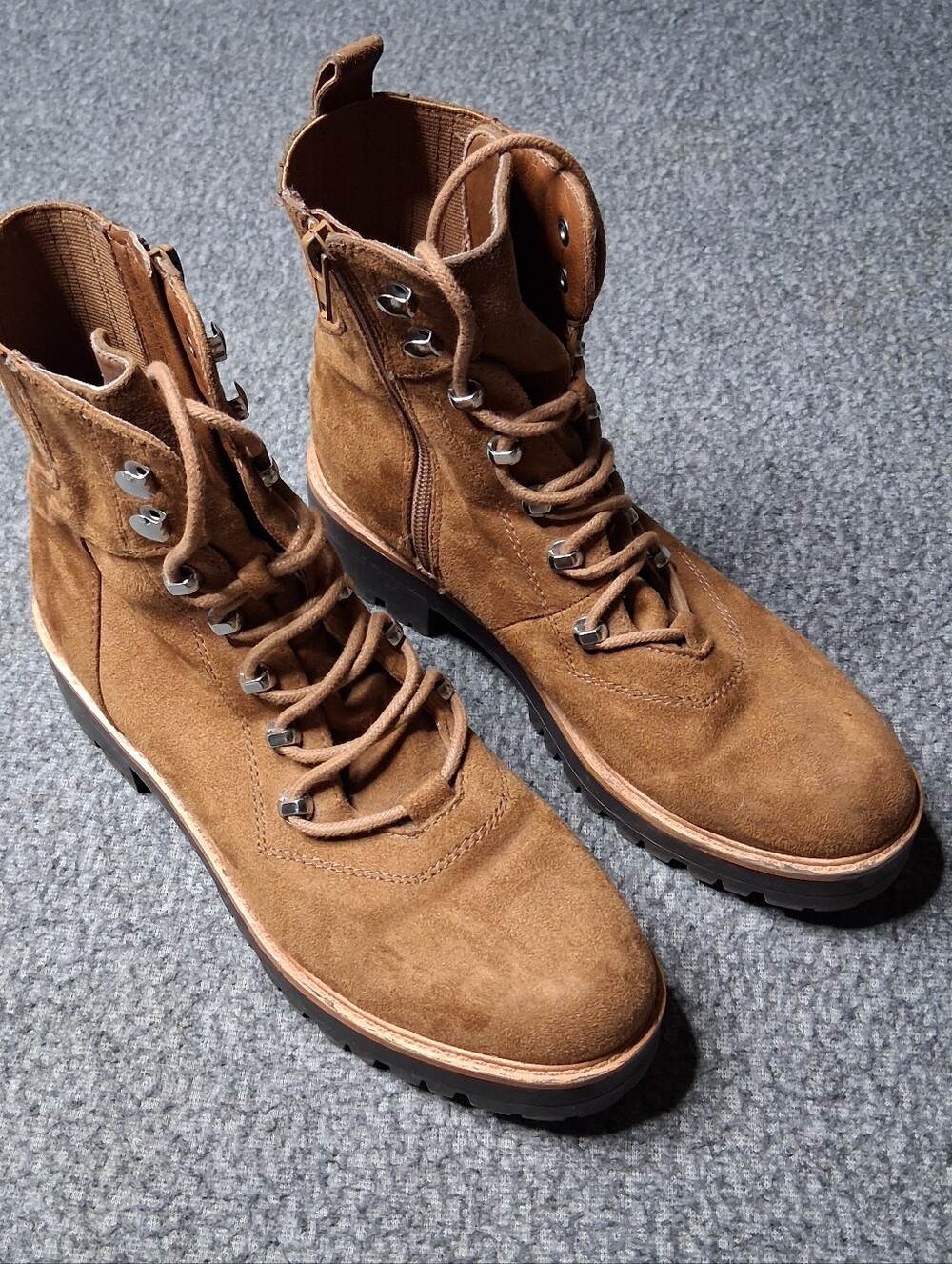 Nine West Combat Boots Womens 8 Brown Lace Up Lug Sole Side Zip Suede Fall